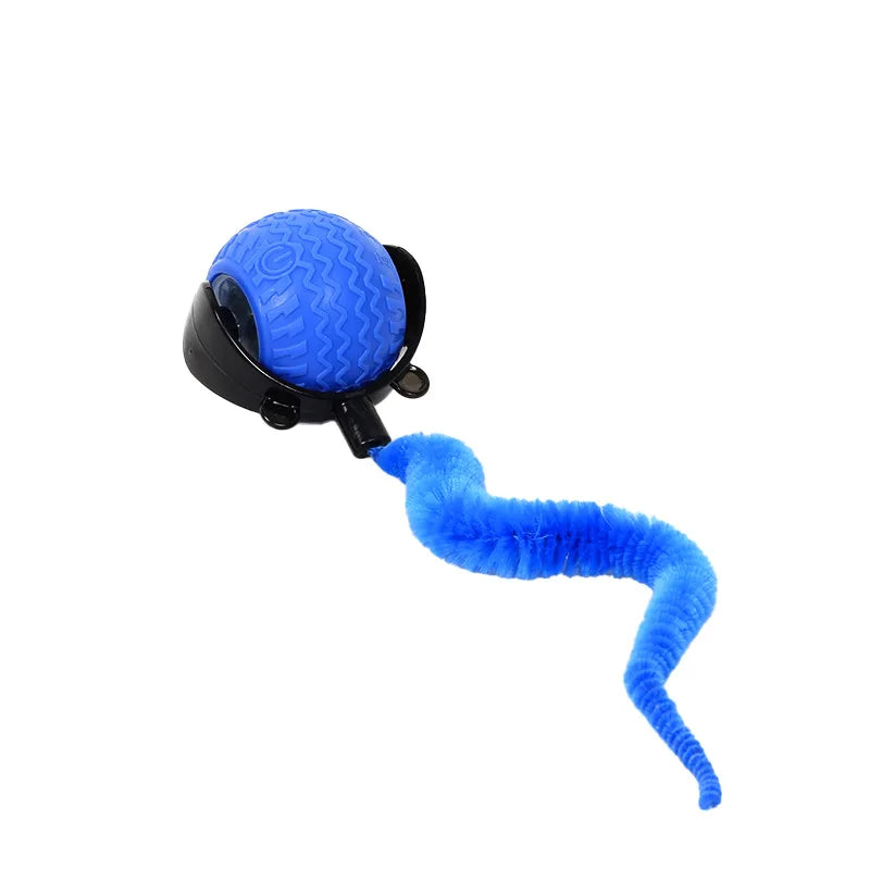 A blue, textured ball with a black base and a blue, flexible appendage for an intelligent pet teasing toy.