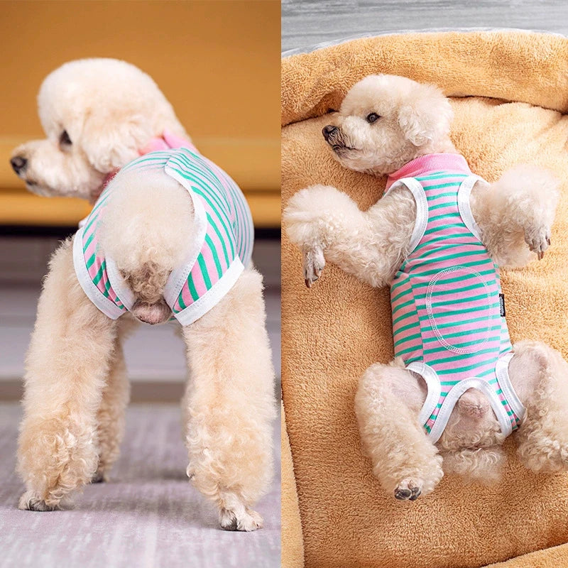 Striped Cotton Dog Recovery Suit for Post-Surgery Protection