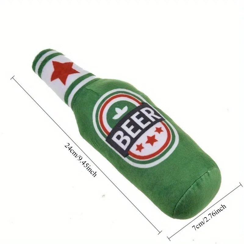 Green beer bottle shaped squeaky dog toy with a red star design