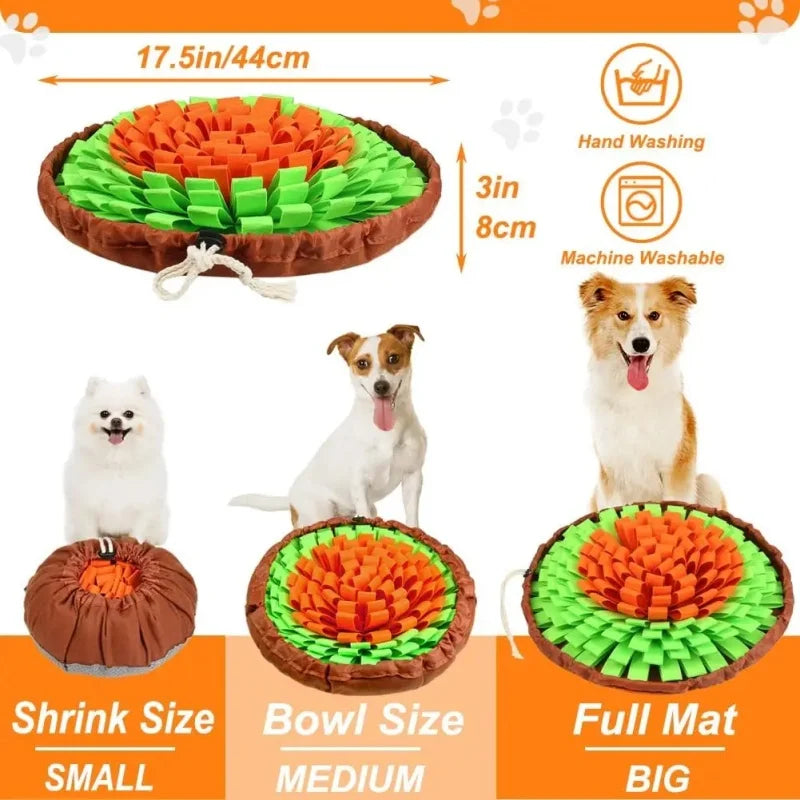 Alfombrilla plegable de fieltro para perros que olfan, en naranja y verde, con comparaciones de tamaño para perros pequeños, 