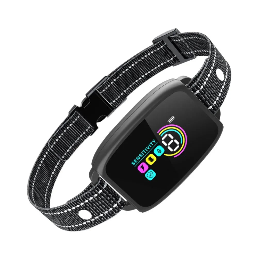 A black dog bark collar with an adjustable sensitivity setting displayed on the screen.