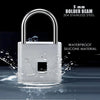 A silver smart fingerprint padlock with a stainless steel shackle and waterproof silicone body floating in water.