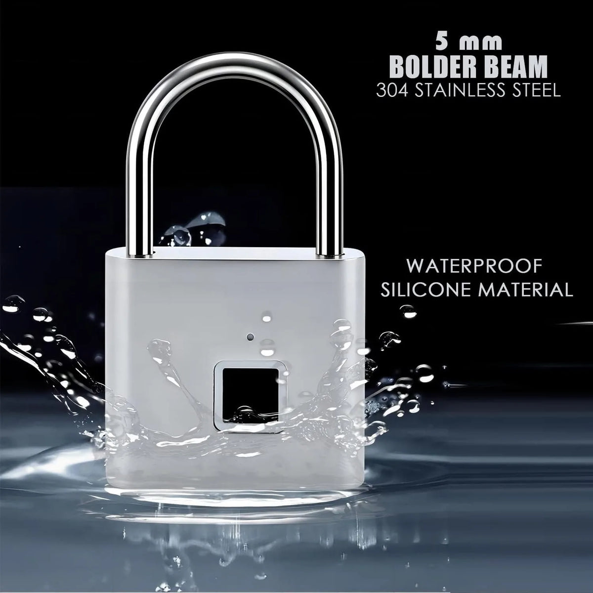A silver smart fingerprint padlock with a stainless steel shackle and waterproof silicone body floating in water.