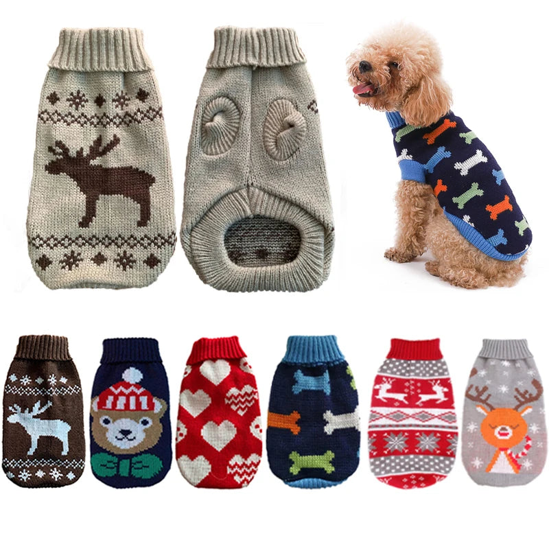 Colección de suéteres de punto acogedores para perros en varios patrones y colores.