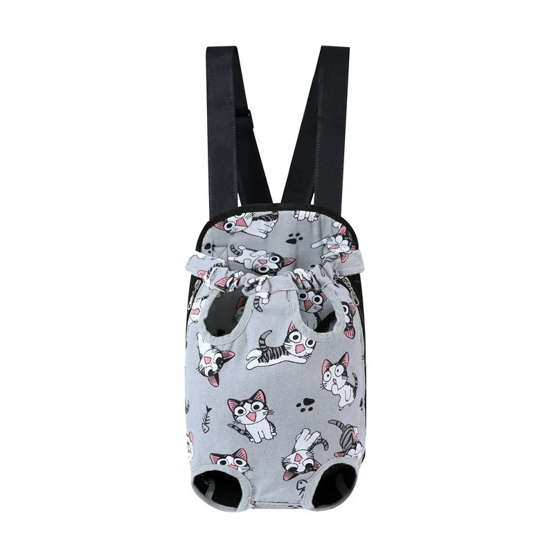 Black backpack carrier for dogs featuring a repeating pattern of various cats and dogs.
