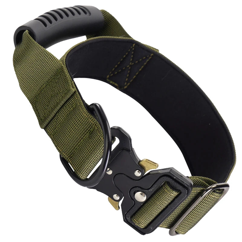 A black tactical dog collar with a green nylon strap and buckle is shown against a white background.