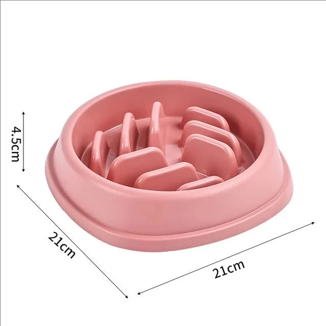 A pink anti-choking slow feeder bowl for dogs and cats shown from above with dimensions.