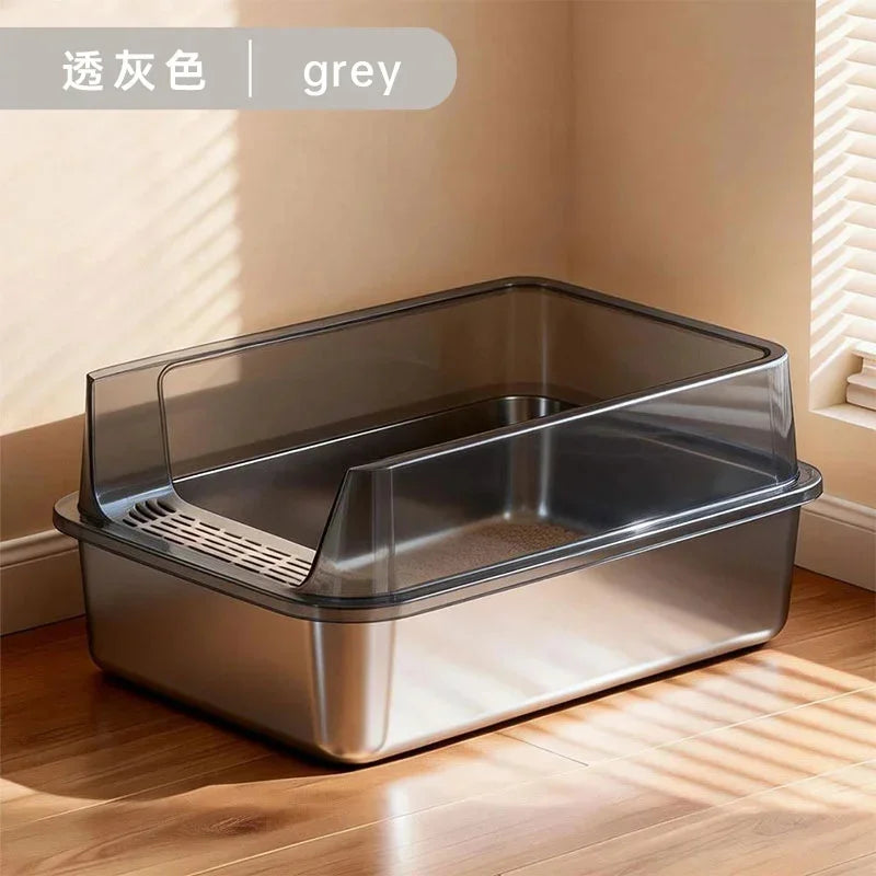 Extra-Large Stainless Steel Cat Litter Box with Splash-Proof Rim