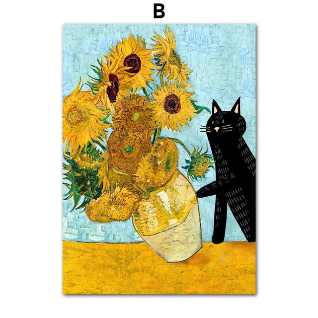 A painting featuring a black cat and yellow sunflowers on a light blue background.