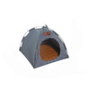 A gray foldable outdoor cat tent with an arched entrance and wooden floor inside.
