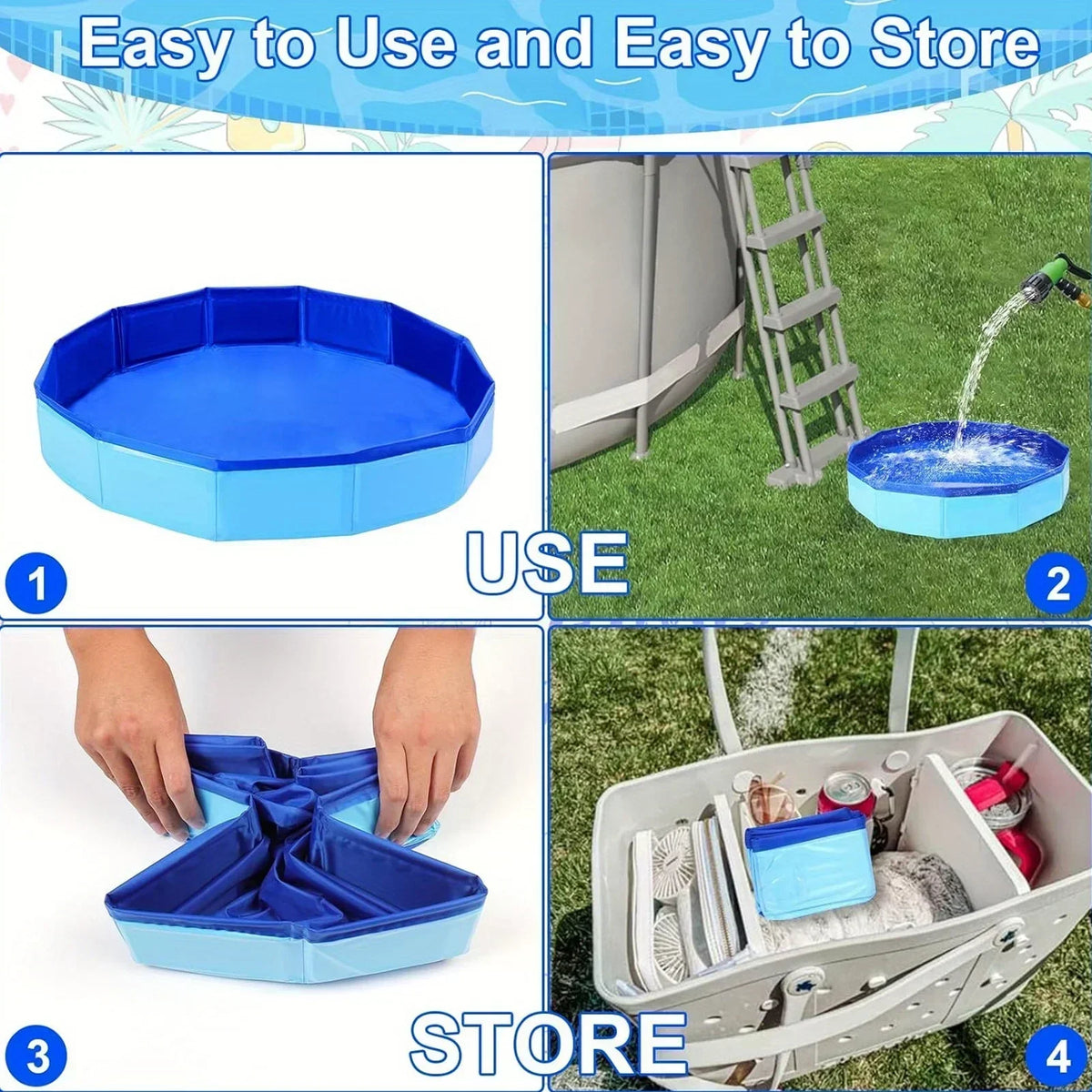 A foldable blue pet swimming pool is shown in use and being stored in a carrying case.