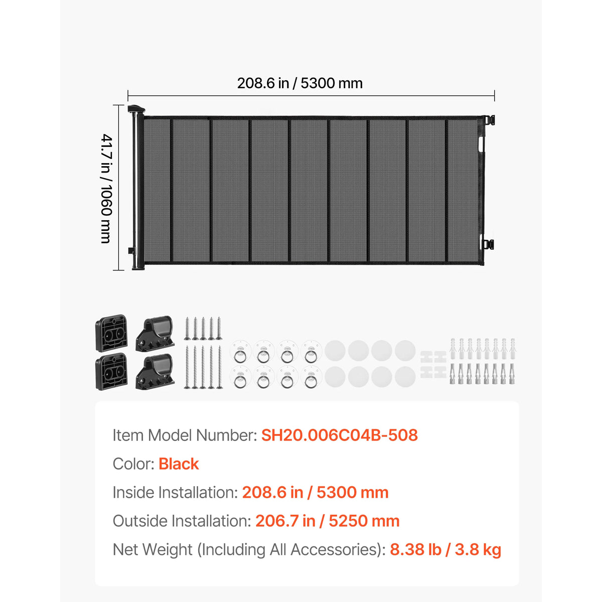 A black retractable mesh safety gate measuring 208.6 in by 5300 mm for inside and outside installation.