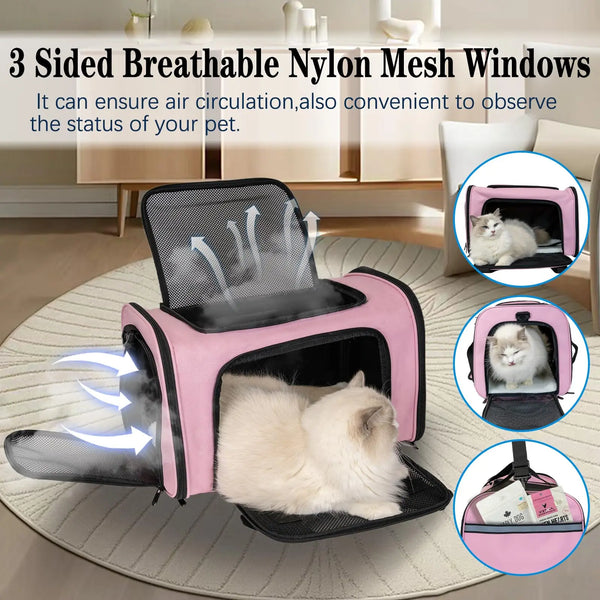 Pink breathable nylon mesh window pet carrier for cats and small dogs with airflow visible.