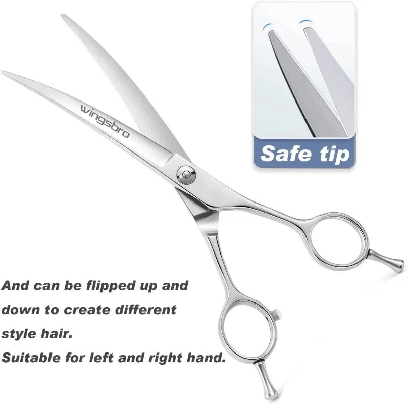 Silver wingsbro professional curved pet grooming scissors with a safe tip indicator