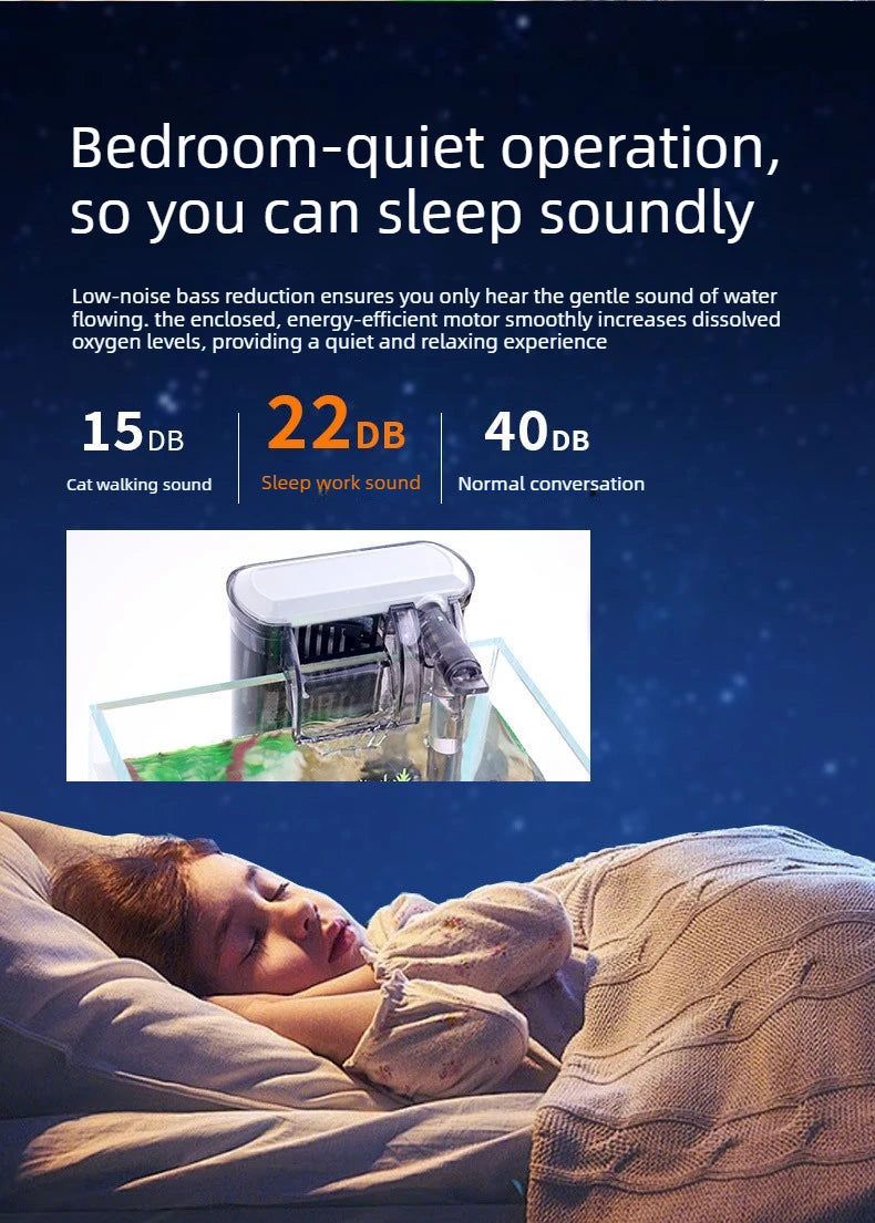 Une personne dort paisiblement, avec un petit système de circulation d'eau pour aquarium visible au premier plan.