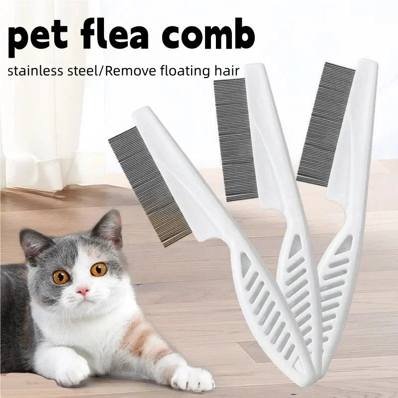 A white stainless steel pet flea comb set with multiple teeth is shown next to a domestic cat.