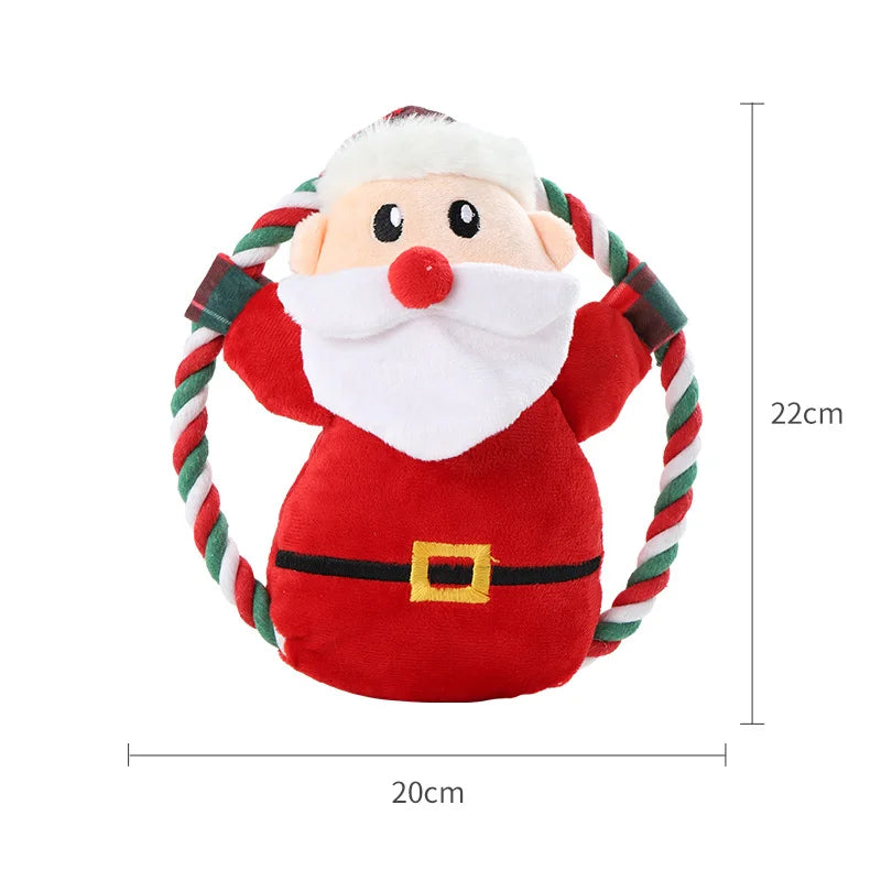 A plush toy of Santa Claus with a white beard and red suit, designed as a squeak toy for dogs.