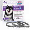 A box of 3 packs of calming collars for pets, featuring a fluffy dog and gray collars.