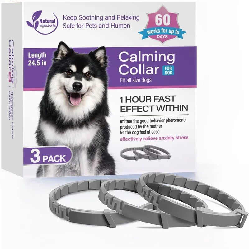 A box of 3 packs of calming collars for pets, featuring a fluffy dog and gray collars.
