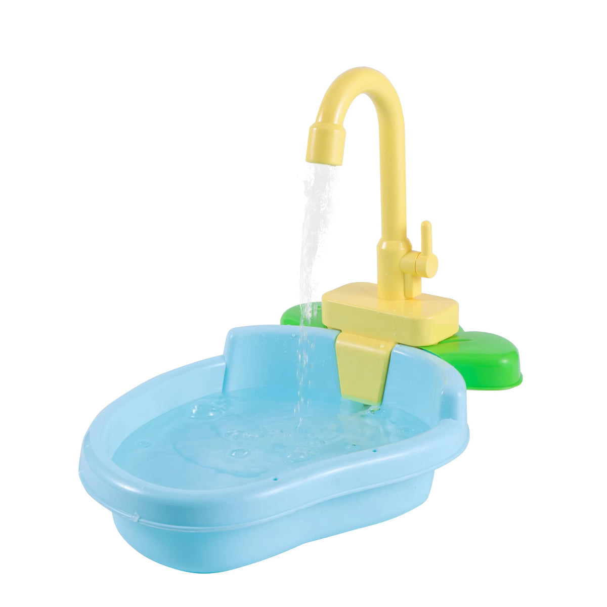 A yellow automatic shower faucet is pouring water into a blue bird bath basin.