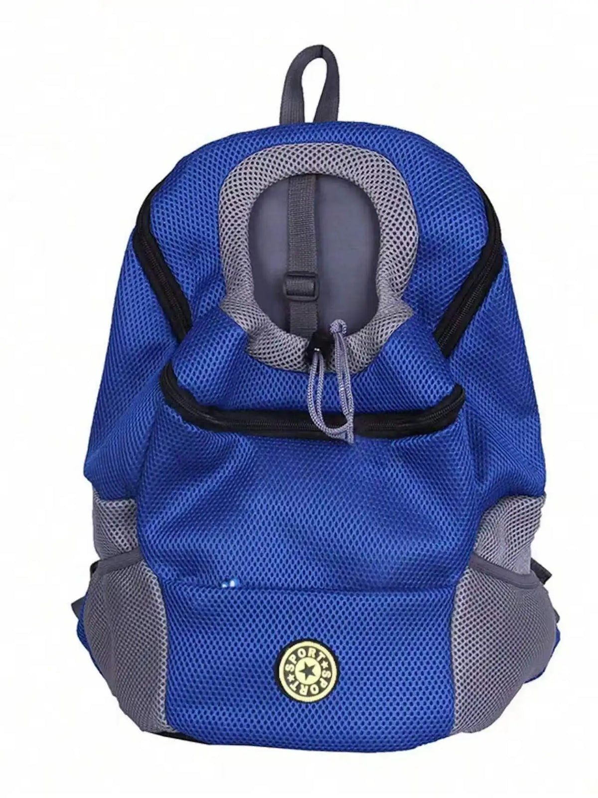 Blue and gray ventilated backpack carrier for small dogs and cats