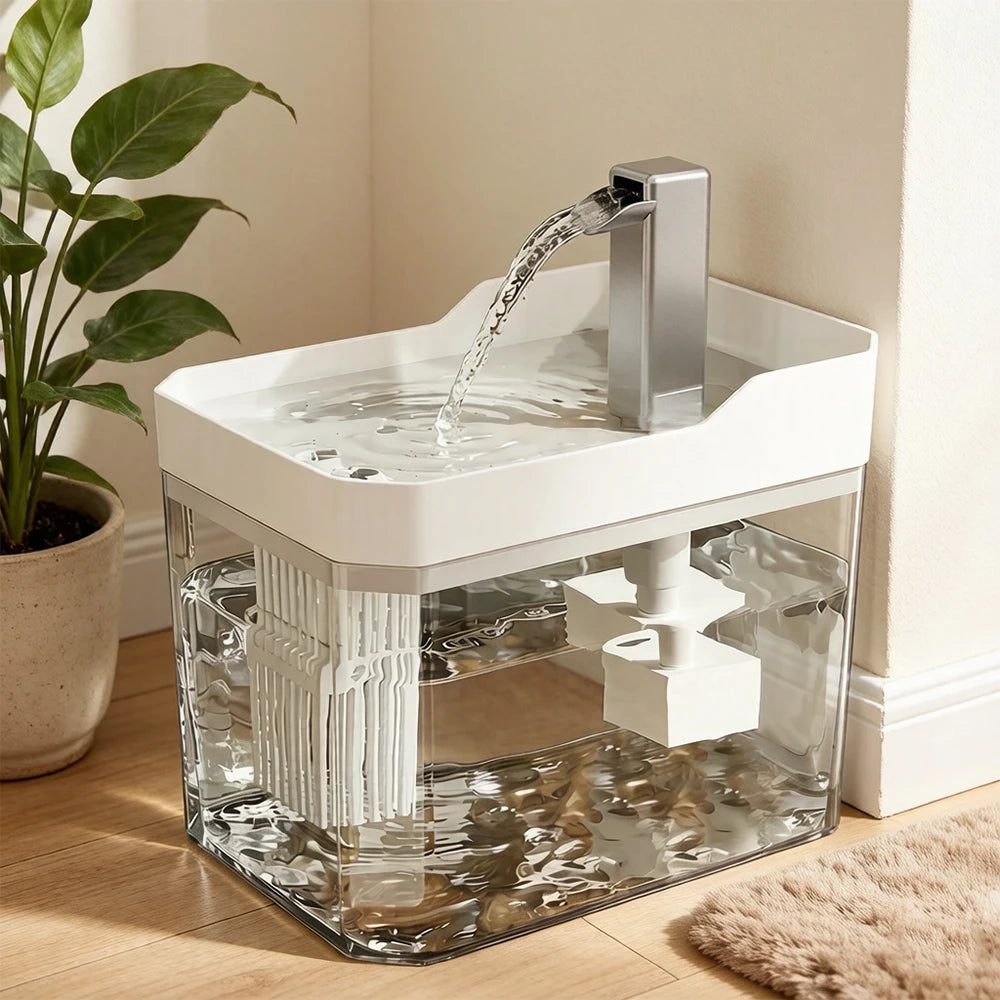 A clear cat water fountain with a white base, featuring a recirculating pump and filter, sits on a wooden floor.
