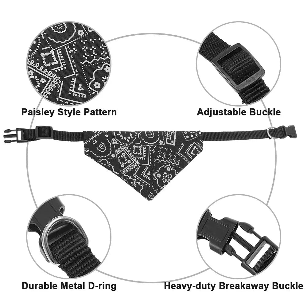 Pañuelo negro con estampado paisley, mostrado con su hebilla ajustable y aro metálico D duradero.