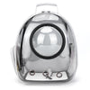 A silver transparent portable backpack designed for pets, featuring a round window and a clasp.