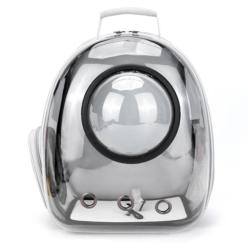 A silver transparent portable backpack designed for pets, featuring a round window and a clasp.