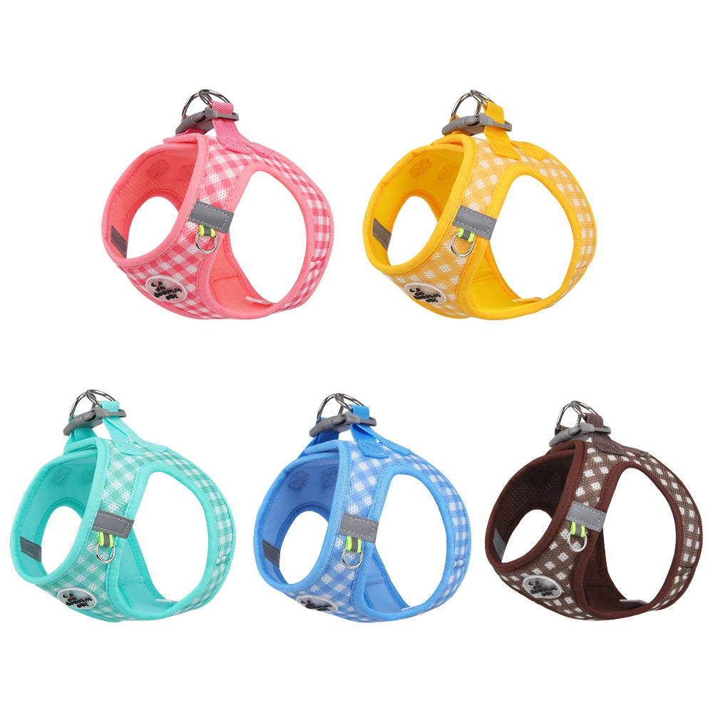 Three plaid pet harnesses in pink, yellow, teal, and brown for small dogs and cats