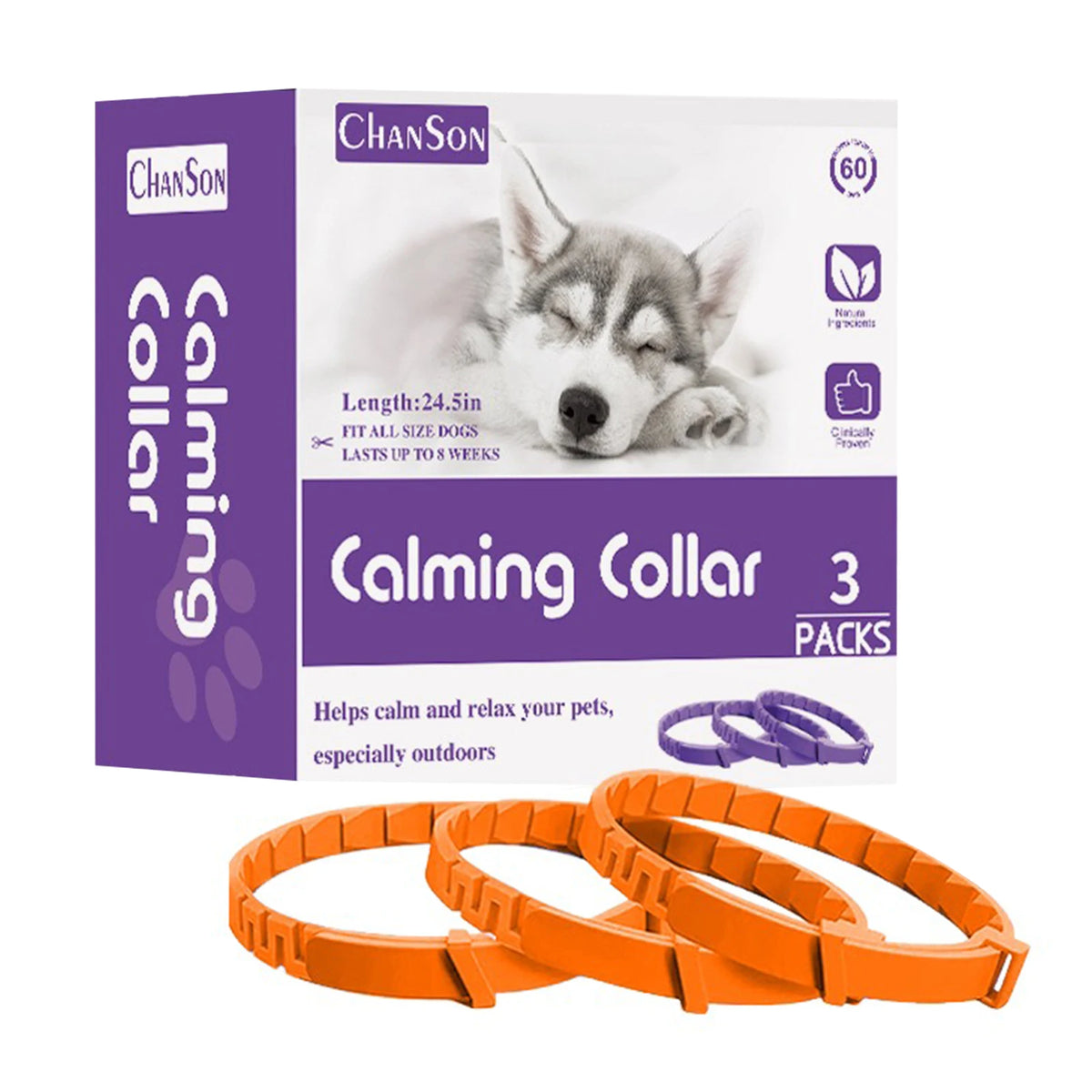 Three packs of orange calming pheromone collars for dogs shown next to their packaging.
