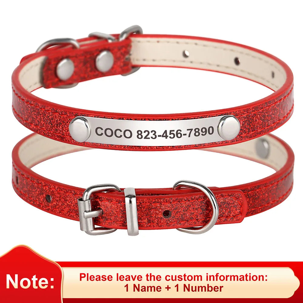 Collier de chat en cuir rouge et paillettes avec étiquette et boucle argentée.