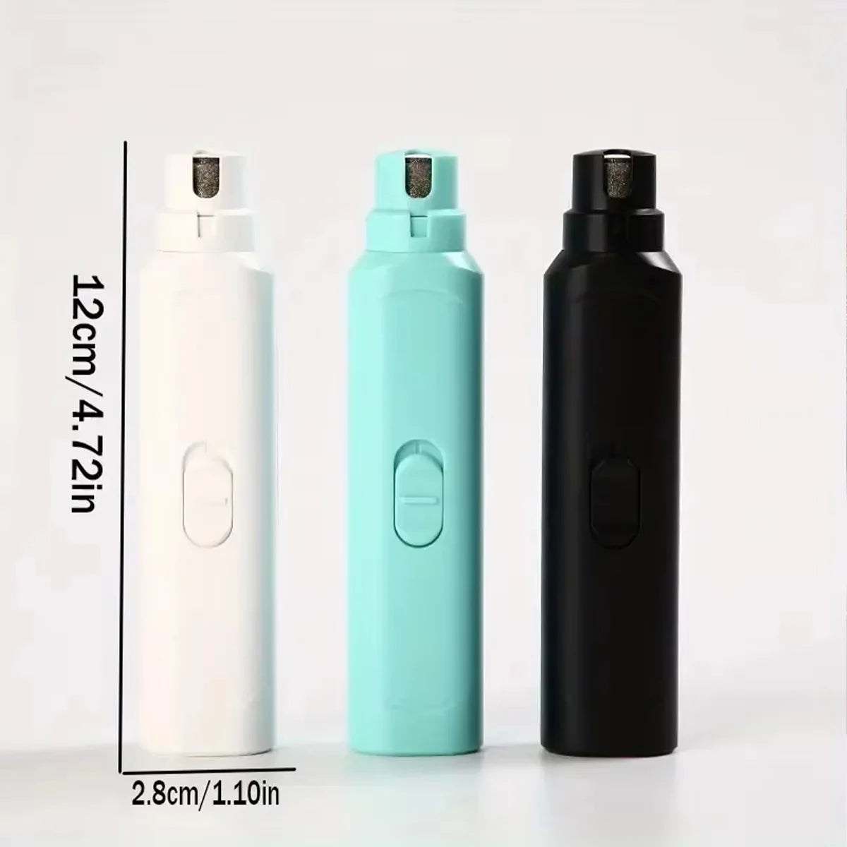 Three bottles of electric pet nail grinders in white, teal, and black showing different sizes.