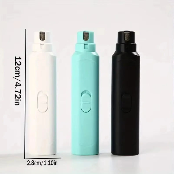 Three bottles of electric pet nail grinders in white, teal, and black showing different sizes.