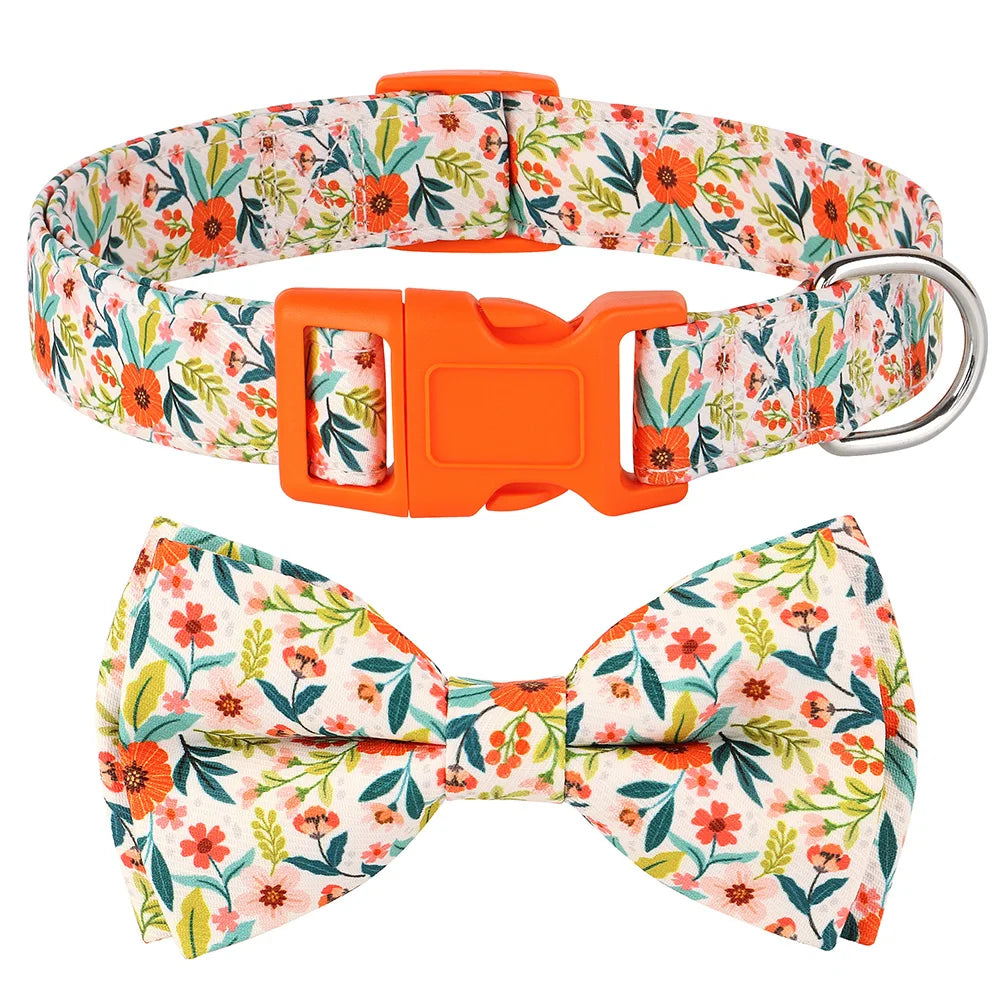 Orange floral nylon dog collar with an adjustable bowknot