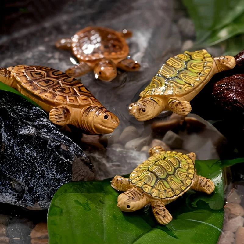 A set of five colorful turtle floating ornaments, including a golden and green turtle, resting on dark rocks and a green leaf