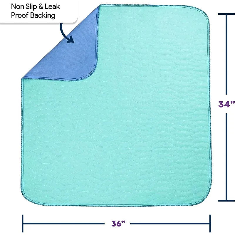 A light mint green pet urine pad with a blue non-slip and leak proof backing, measuring 36 inches wide.