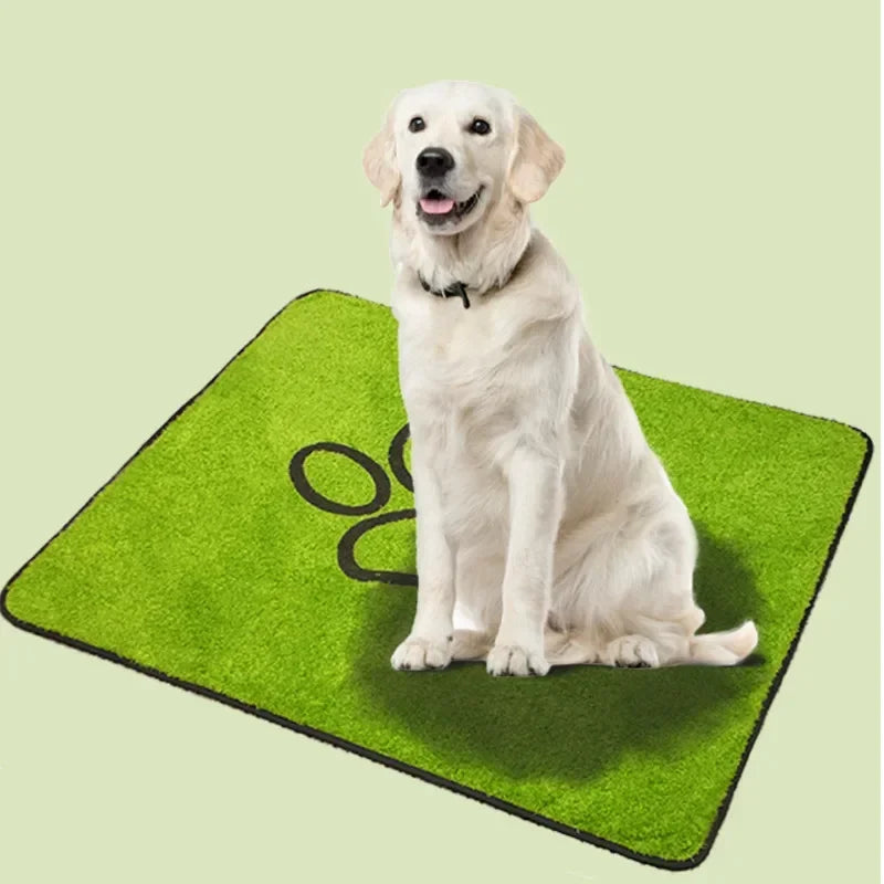 A light-colored Labrador dog is sitting on a green pet grass mat.