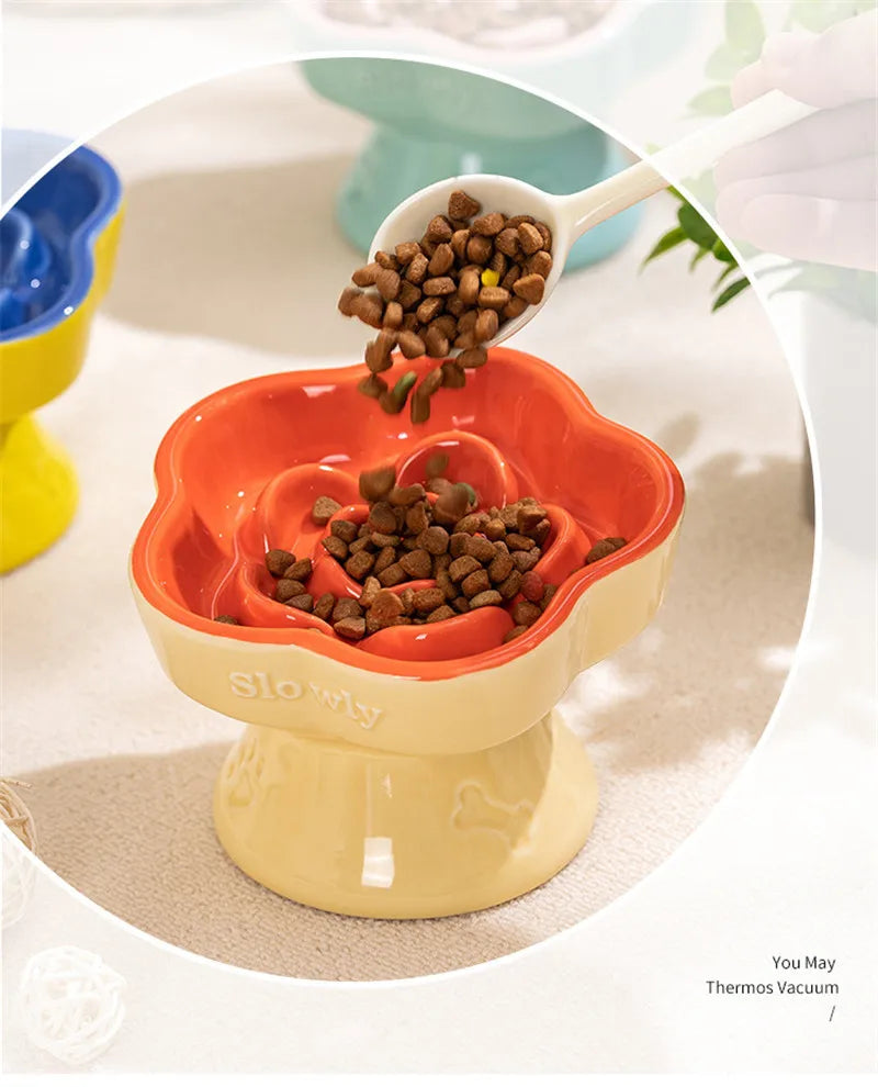 Elevated Ceramic Slow Feeder Bowl for Cats and Small Dogs