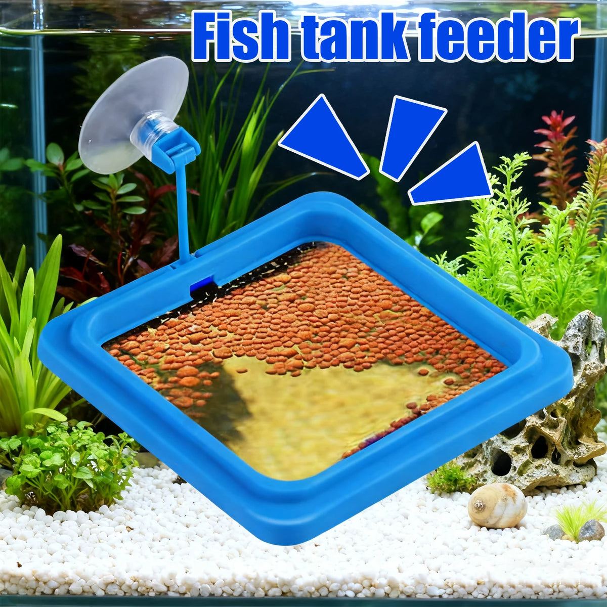 Un anillo alimentador de pez multiforma azul con bandeja de comida en un acuario.