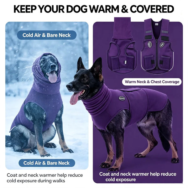 Purple dog coat and neck warmer vest for warmth and cold exposure relief
