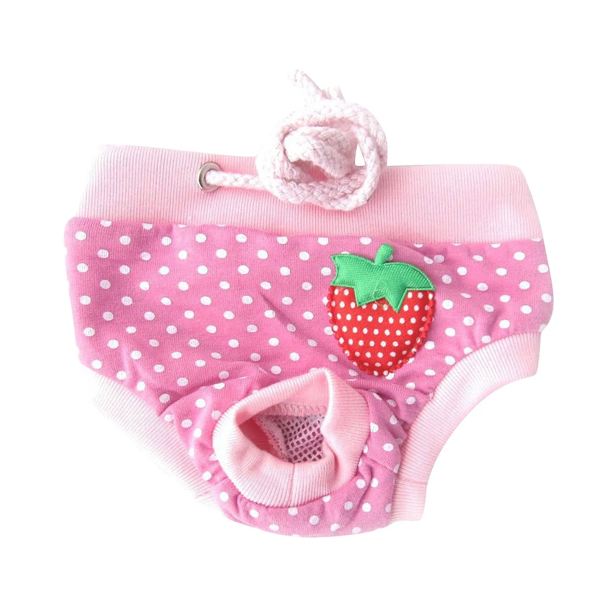 Pink adjustable dog sanitary pants with a tail hole and a pink bow