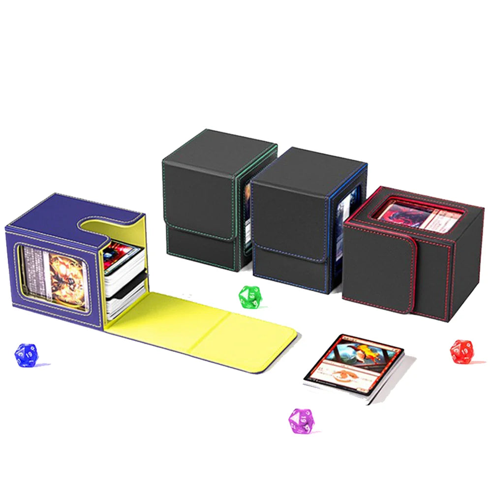 A PU leather magnetic card deck box with a display window and yellow insert, shown next to several loose cards.