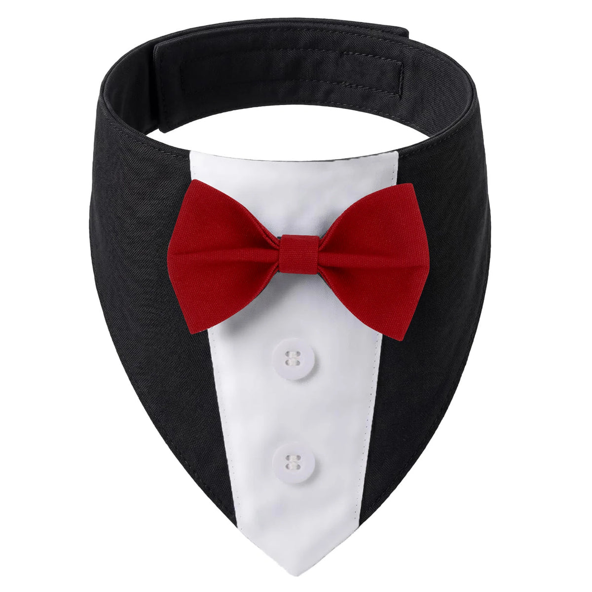 Black and white tuxedo bandana with a red bow, suitable for dog parties.