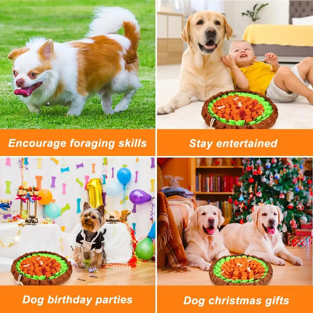 A collage showing various uses of a dog snuffle mat including foraging skills, entertainment, birthday parties, and Christmas