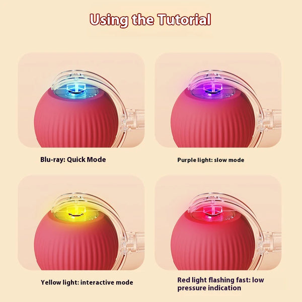 A tutorial showing different light modes of an interactive rolling cat toy, including blue, purple, yellow, and red lights.