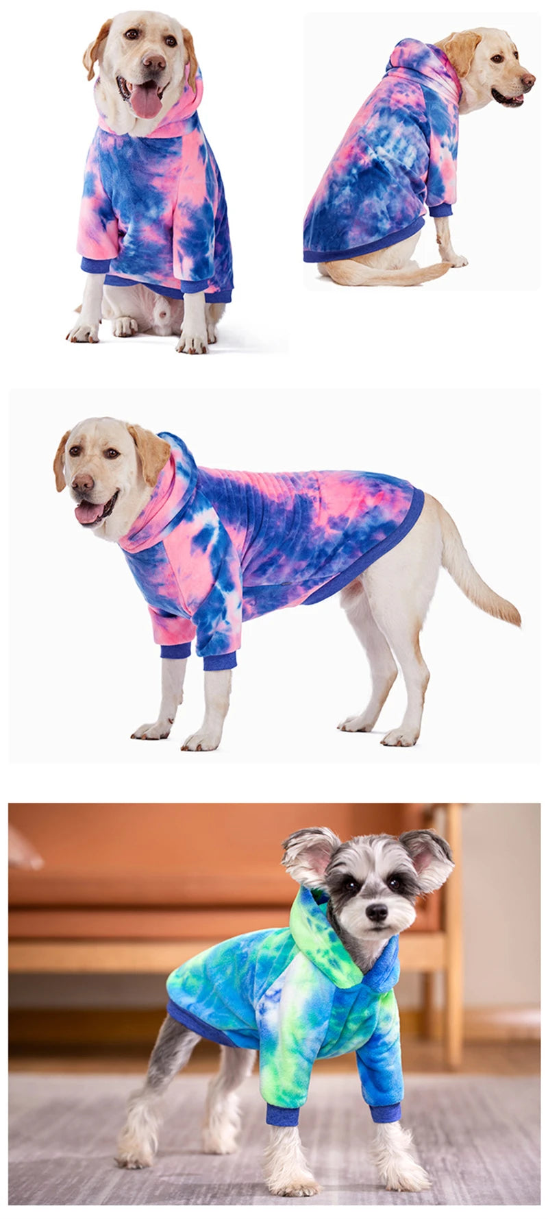 Sweat à capuche en polaire tie-dye pour chien, montrée sur trois chiens de différentes races et couleurs.