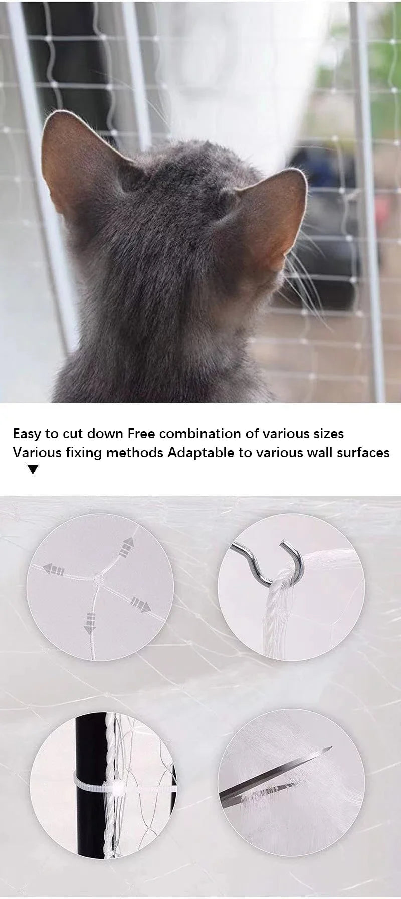 A close-up of a gray cat looking through a window, with accompanying images showing various fixing methods for a safety net.