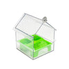 Clear plastic bird feeder with a green tray and a hinged lid.