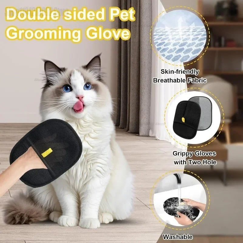 Eine Katze benutzt eine zweischneidige Pflegemütze, um ihr Fell zu putzen.